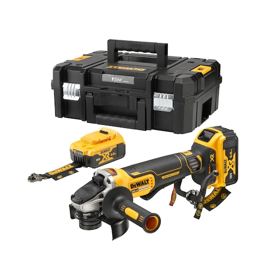 DEWALT cordless angle grinder with battery, charger, and black carrying case.