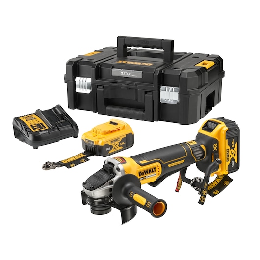 DEWALT cordless grinder kit with case, battery, and charger shown on white background.