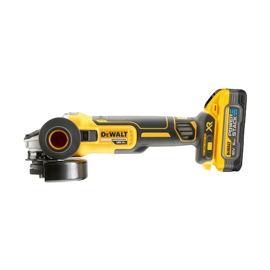 A DEWALT cordless angle grinder, model DCG409H2T, featuring a yellow and black design with an 18V PowerStack battery attached.