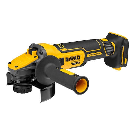 Cordless DEWALT angle grinder with brushless motor, black and yellow design, side handle attached.