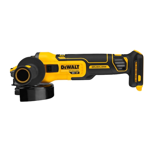 DEWALT DCG409NT cordless brushless angle grinder in yellow and black, shown on white background.