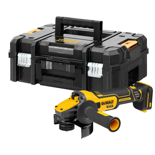 A DEWALT cordless angle grinder with a black and yellow design, shown next to a sturdy black tool storage case with orange accents.