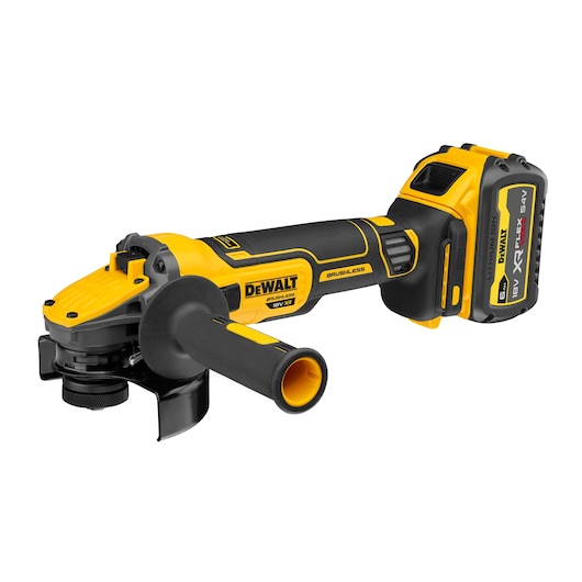 DEWALT cordless angle grinder with brushless motor and detachable handle, shown with XR Flexvolt battery.
