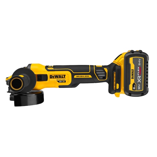 DEWALT cordless angle grinder with yellow-black design, brushless motor, and XR FlexVolt battery attached.