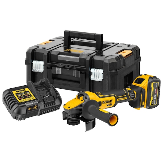 DEWALT cordless angle grinder kit with charger and tough tool case.