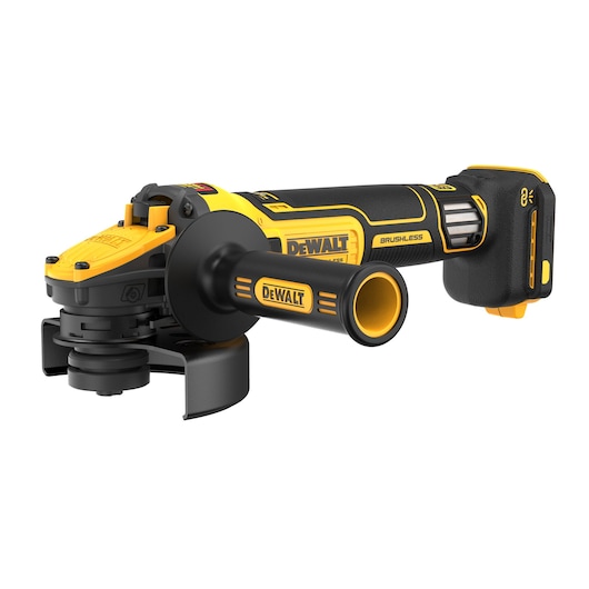DEWALT cordless brushless angle grinder, yellow and black, with side handle and battery pack.