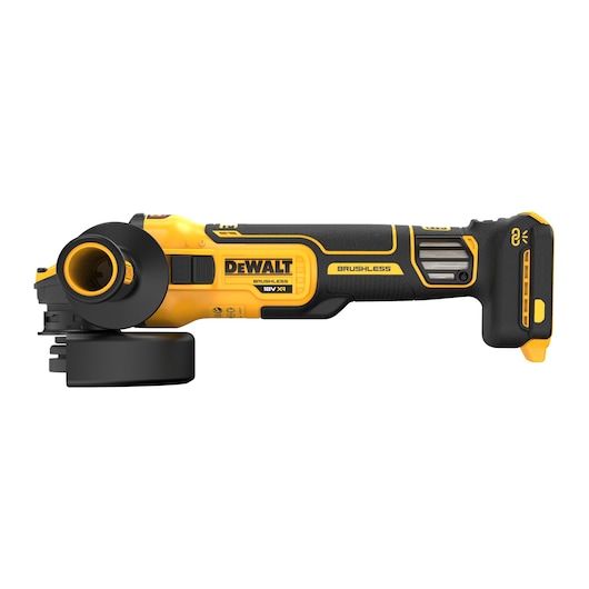 DEWALT cordless brushless angle grinder in yellow and black, side view, without battery attached.