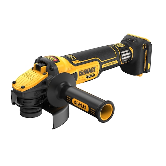 Cordless DEWALT angle grinder with brushless motor, yellow and black, shown with side handle and battery pack.