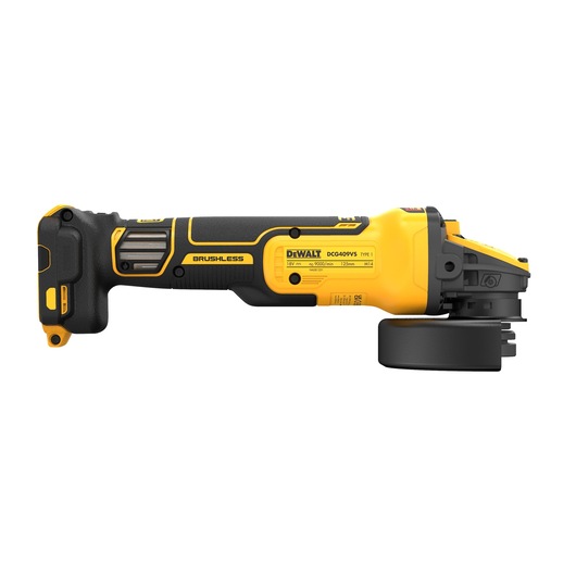 DEWALT DCG409VSN cordless angle grinder with brushless motor, yellow and black design, side view.