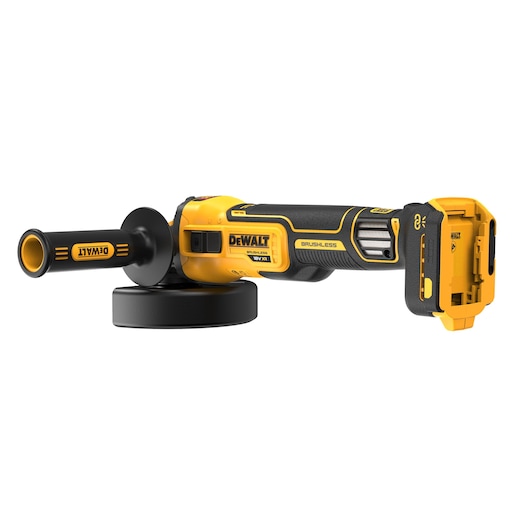 DEWALT cordless brushless angle grinder with side handle, shown without battery, on white background.