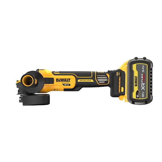 DEWALT cordless angle grinder with yellow and black design and XR FLEXVOLT 18V battery.