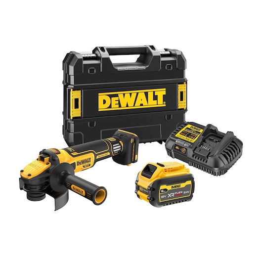 DEWALT cordless angle grinder kit, including a yellow and black angle grinder, a hard carrying case, a battery, and a charger.