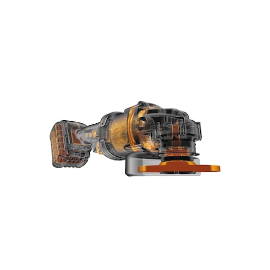Transparent view of a DEWALT cordless angle grinder showing internal components and battery.