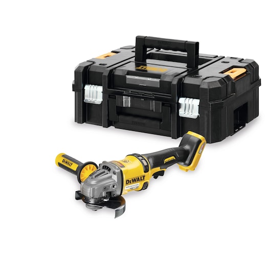 DEWALT cordless angle grinder with yellow carry case, both shown on a white background.