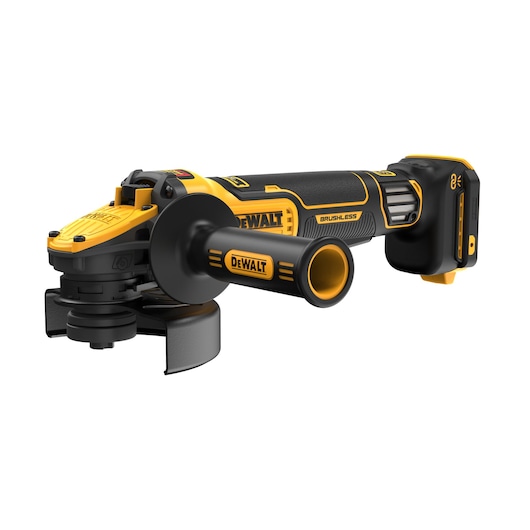 DEWALT cordless angle grinder with brushless motor, yellow and black design, side handle, battery attached.