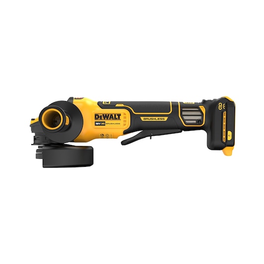DEWALT cordless angle grinder with brushless motor, yellow and black, side profile view on white background.