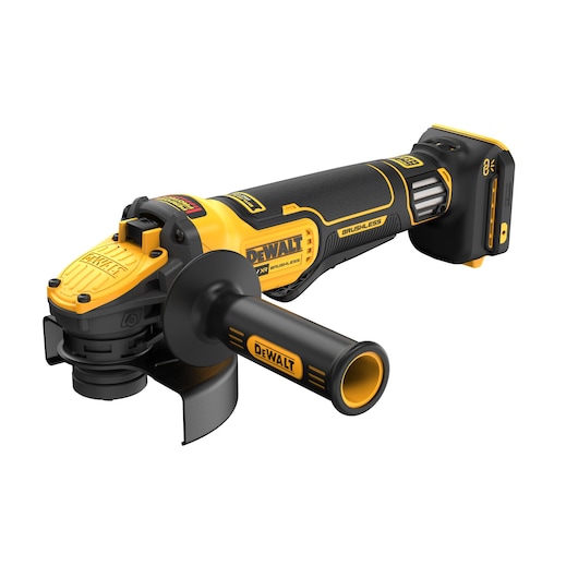 DEWALT cordless brushless angle grinder with side handle and battery, shown on white background.