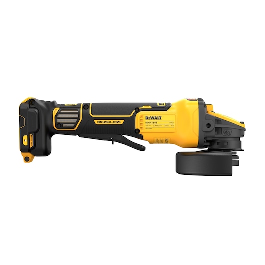 DEWALT DCG416VSN cordless brushless angle grinder in yellow and black, side view on a plain background.