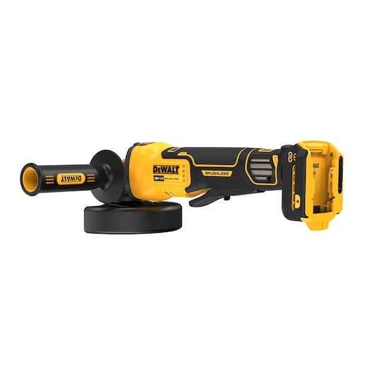 DEWALT cordless angle grinder with brushless motor, shown from the side on a white background.