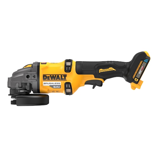 DEWALT 54V cordless brushless angle grinder with black and yellow design, side profile, battery attached.