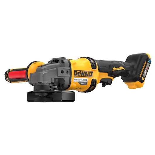 DEWALT 54V cordless brushless angle grinder with a black and yellow body and side handle.