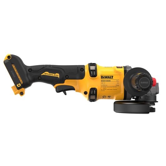 DEWALT cordless angle grinder DCG418SHDN in yellow and black, shown from the side against a white background.