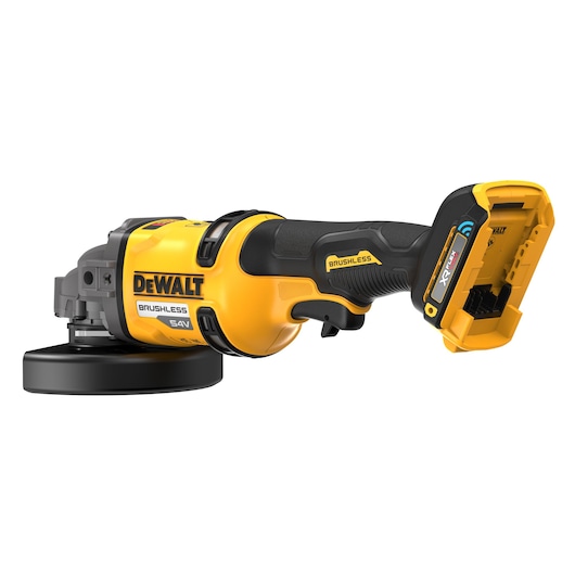 Yellow and black cordless DEWALT angle grinder with brushless motor and battery slot, shown on a white background.