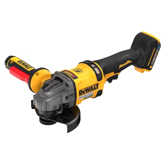 DEWALT cordless angle grinder with brushless motor and black-yellow body, shown with side handle attached.