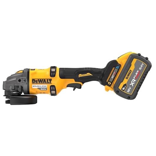 DEWALT cordless angle grinder with brushless motor and 54V XR FLEXVOLT battery.