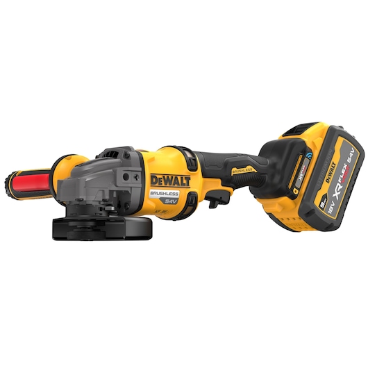 DEWALT cordless brushless angle grinder with a yellow and black body and FlexVolt 54V battery.