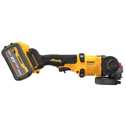 DEWALT DCG418SHDX2 cordless angle grinder with brushless motor and XR FLEXVOLT battery, shown in a side view.