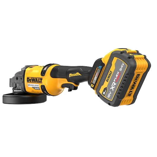 DEWALT cordless angle grinder with large battery and brushless motor, model DCG418SHDX2.