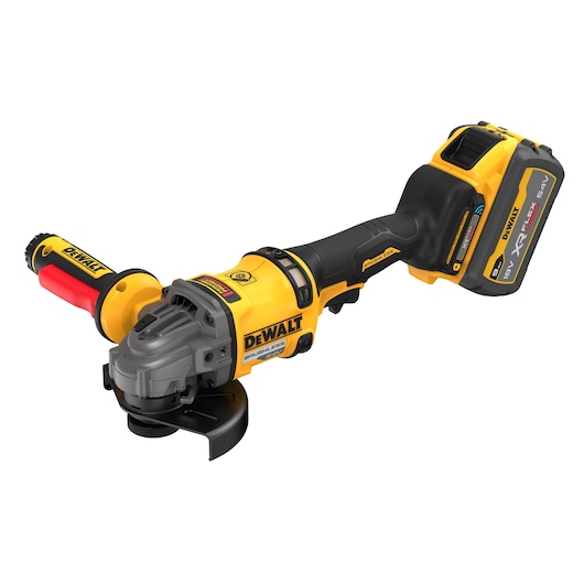 DEWALT cordless angle grinder with yellow and black design, brushless motor, and 18V XR battery.