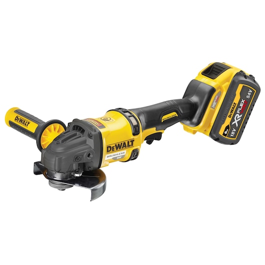 Cordless DEWALT angle grinder with yellow handle and battery pack, model DCG418T2.