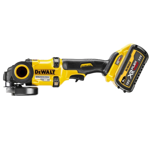 DEWALT XR Flexvolt 54V cordless angle grinder with brushless motor and yellow-black design.