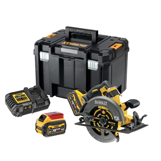 DEWALT circular saw kit with battery, charger, and black carrying case.