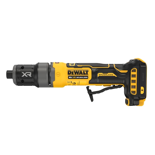 DEWALT XR brushless tool, photography category, SKUs DCG420N-XJ, DCG420N, yellow and black.
