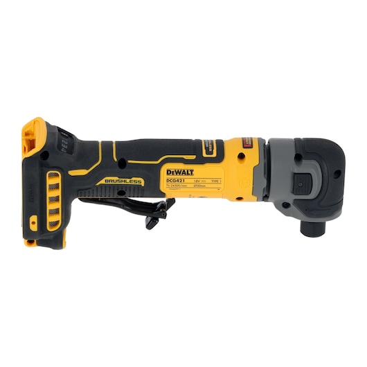 DEWALT DCG421N-XJ, DCG421N power tool for photography, black and yellow, side view.