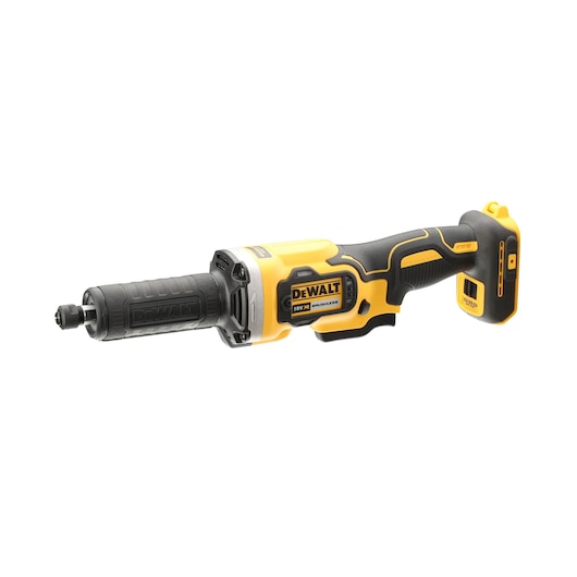 A DEWALT DCG426N cordless straight die grinder in yellow and black color, shown without battery, with ergonomic handle and brushless motor.