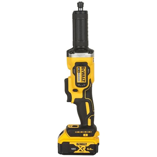 DEWALT DCG426P2 cordless die grinder with 18V battery, black and yellow design, shown upright.