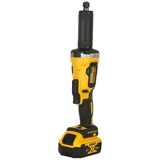 DEWALT DCG426P2 cordless yellow die grinder with 18V battery shown upright on white background.