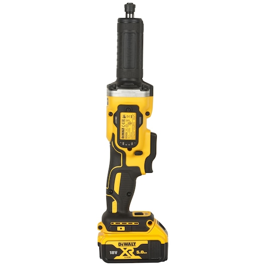 DEWALT DCG426P2 cordless yellow and black die grinder with 18V XR battery, shown upright on a white background.