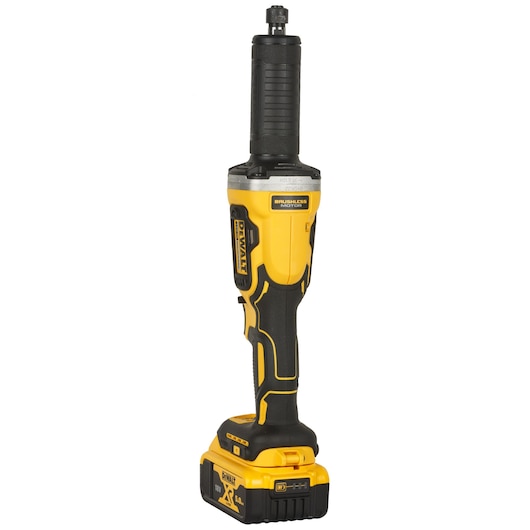 DEWALT DCG426P2 cordless yellow and black die grinder with brushless motor and 18V battery.