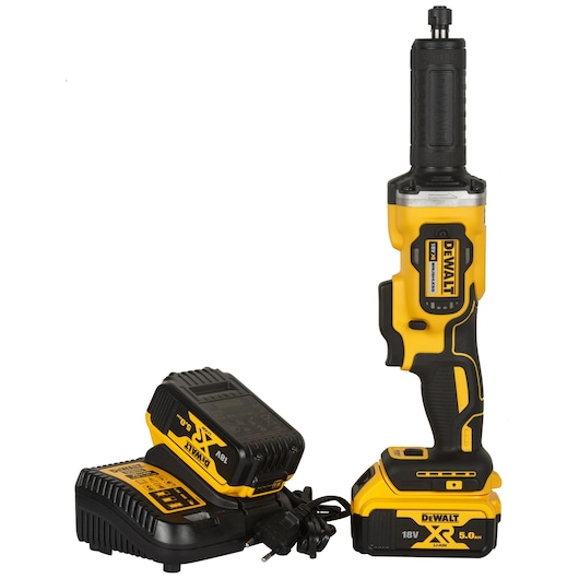 DEWALT cordless die grinder with 18V XR battery and charger, shown on a white background.