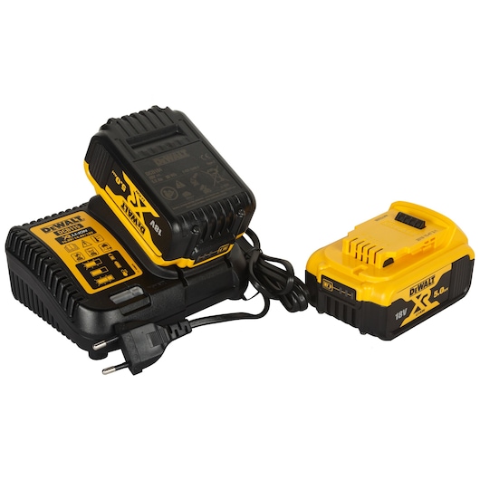 DEWALT 18V battery charger set, includes two yellow and black rechargeable batteries and power cord.