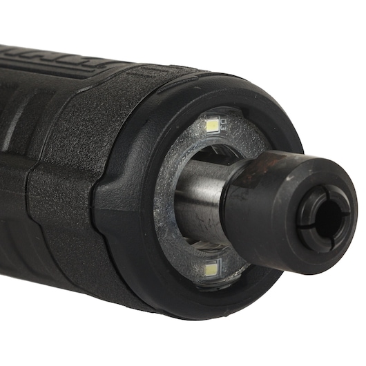 Close-up of a DEWALT DCG426P2 cordless die grinder showing the front spindle and LED lights.