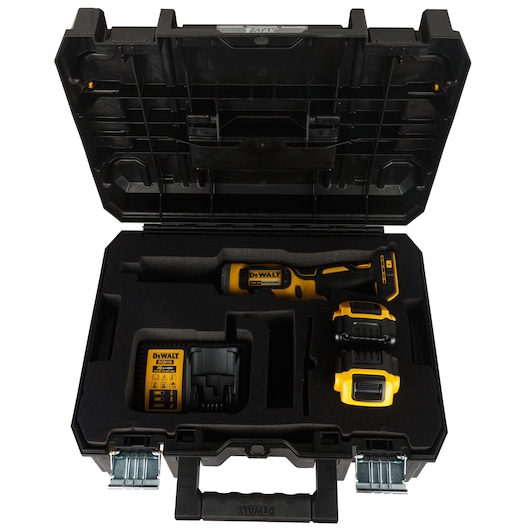 A DEWALT cordless rotary tool kit in a black foam-lined hard case, containing the tool, two batteries, and a charger.