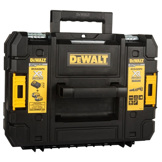 DEWALT DCG426P2 black tool case with yellow labels, handle, and DEWALT branding on the front.