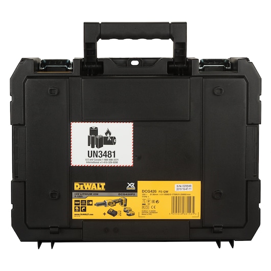 Black DEWALT tool case with handle and safety label for lithium batteries, model DCG426P2.