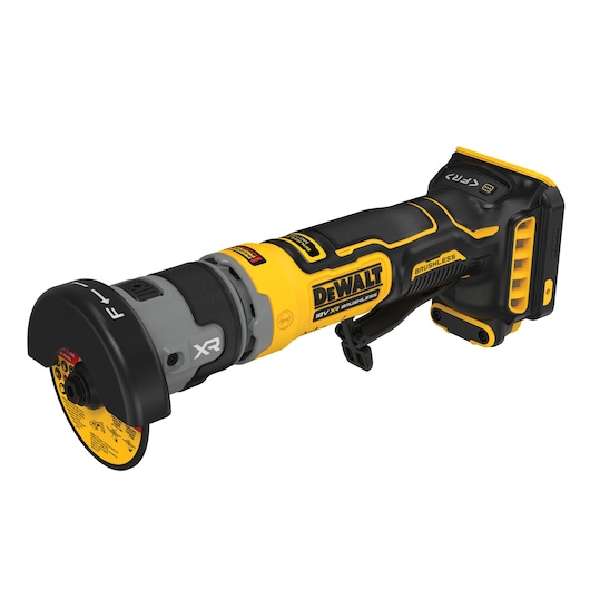 DEWALT cordless grinder DCG430N-XJ, DCG430N for photography. Yellow and black, compact design.